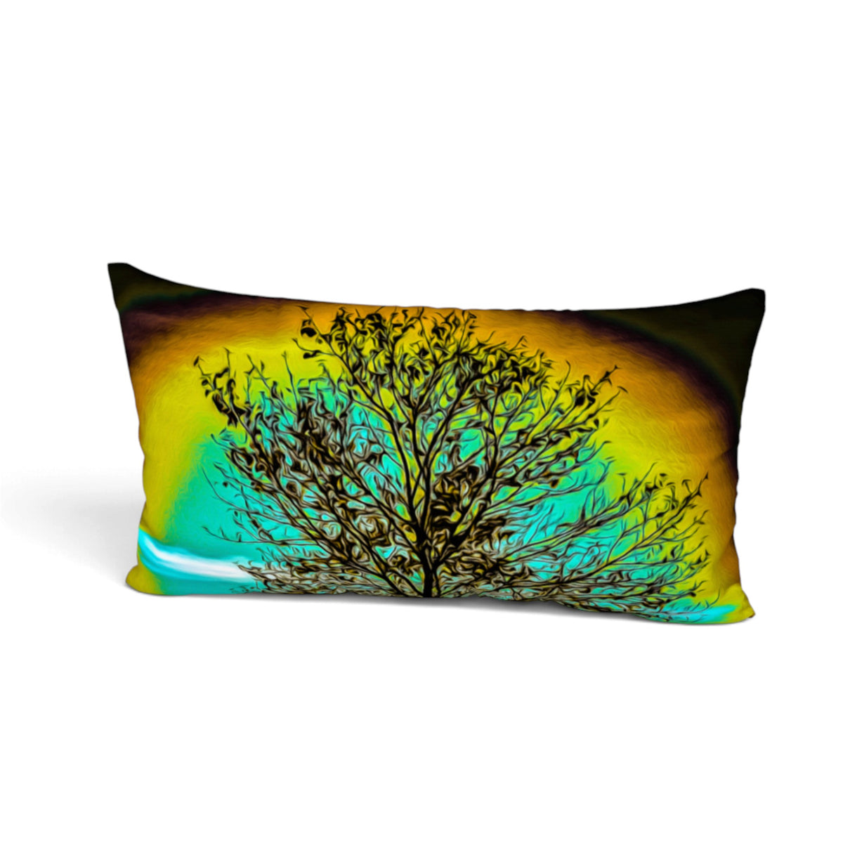A rectangular lumbar bed pillow featuring a vibrant graphic print of a bare tree silhouette against a yellow-to-turquoise gradient background, shown on a clean white studio background.