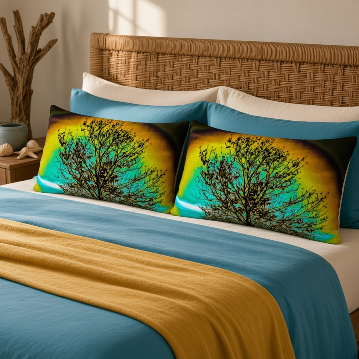 A styled bed with two rectangular decorative pillows featuring a tree silhouette against a yellow-to-turquoise gradient background, layered with teal and mustard bedding and a wicker headboard.