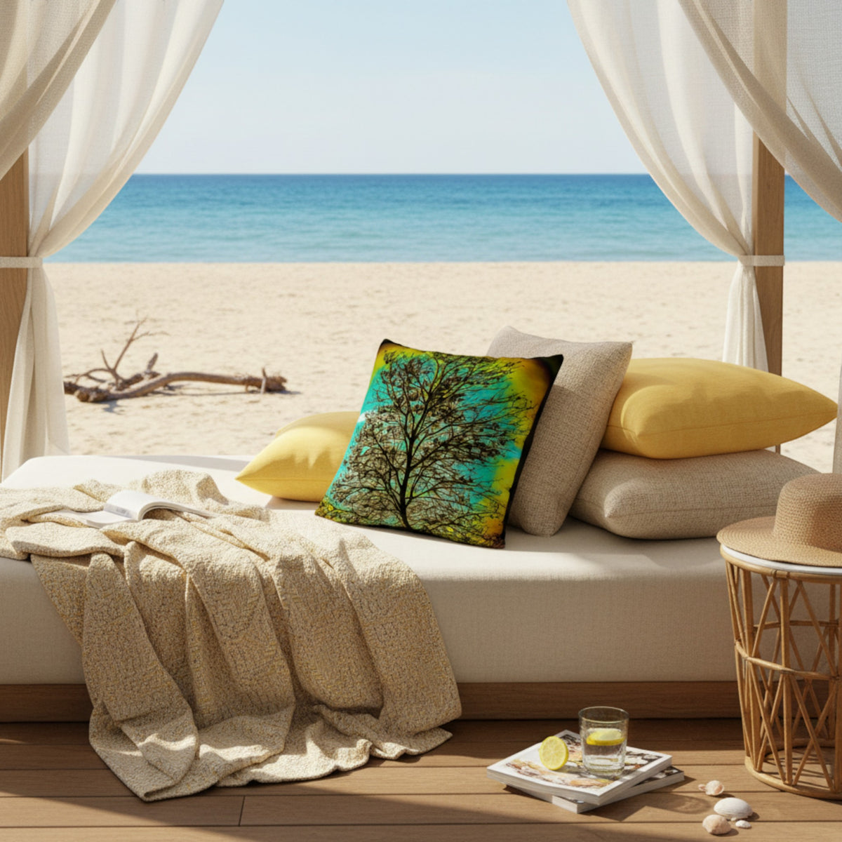A square throw pillow with a colorful tree design in green, yellow, and blue, styled on a beige daybed with yellow pillows and a cream blanket, set in a beach cabana with a view of the ocean.