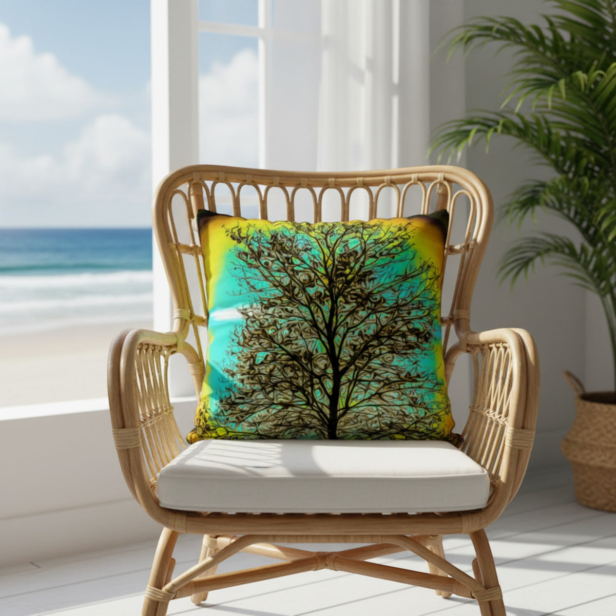 A square decorative throw pillow featuring a stylized tree silhouette against a bright turquoise and yellow background, resting on a rattan armchair in a sunlit room with a beach view and potted plant.