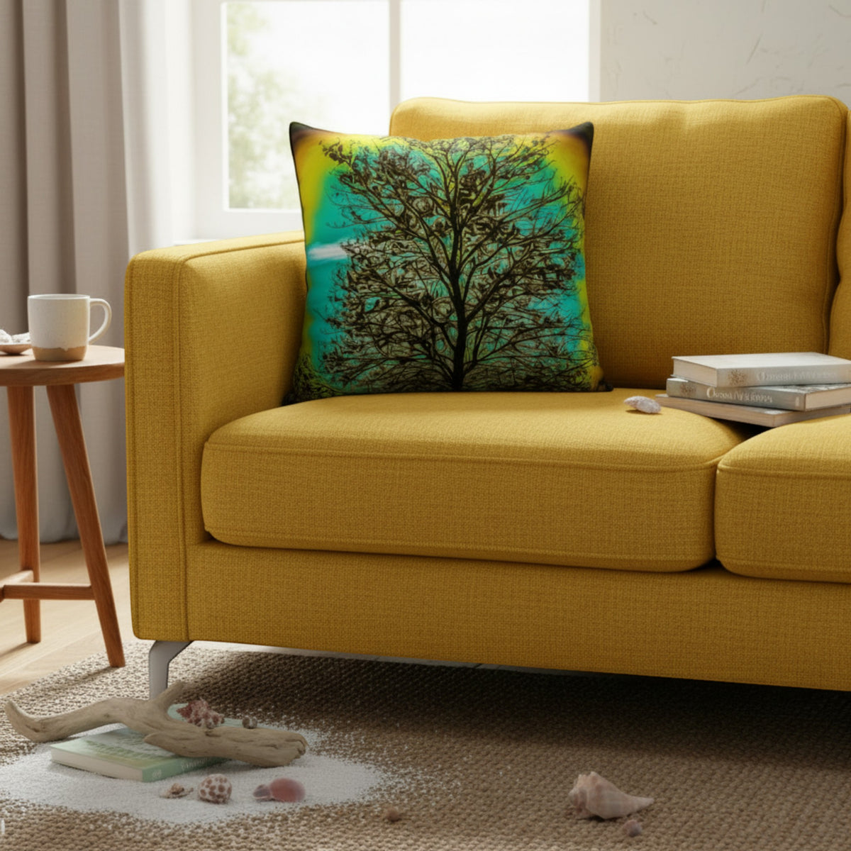 A square throw pillow featuring a tree silhouette over a vibrant teal and yellow gradient background, styled on a mustard yellow fabric sofa in a bright living room setting.