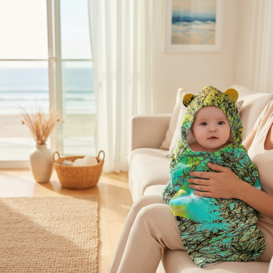 Baby in a green and blue patterned hooded wrap sitting on a person's lap in a bright room.
