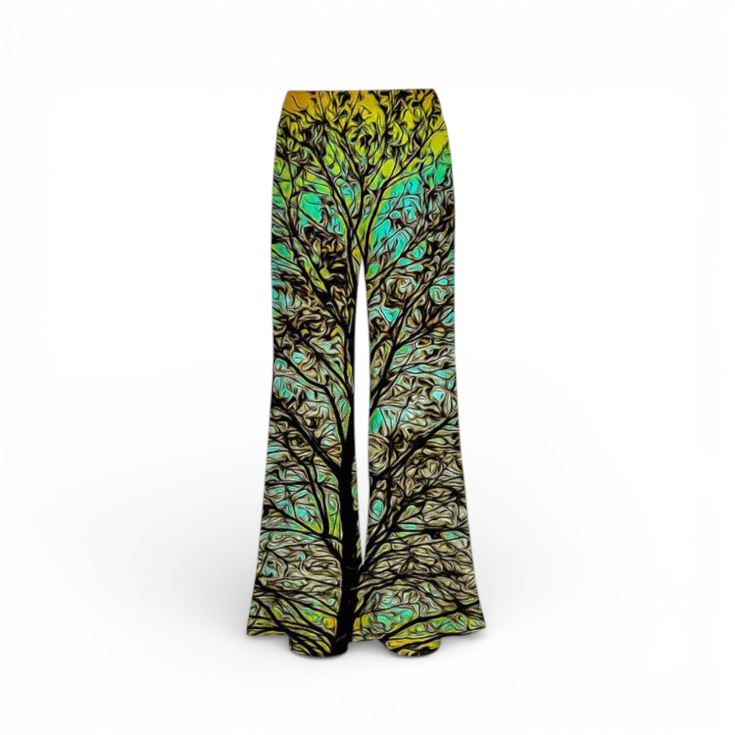 Colorful tree-patterned pants on a white background
