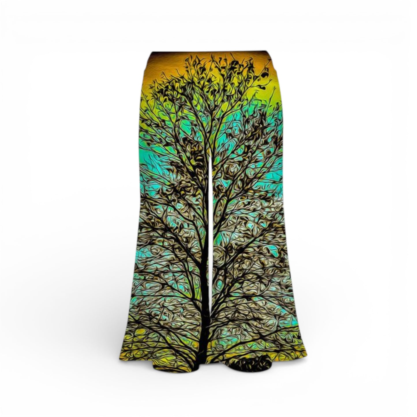 Colorful pants with a tree design on a white background