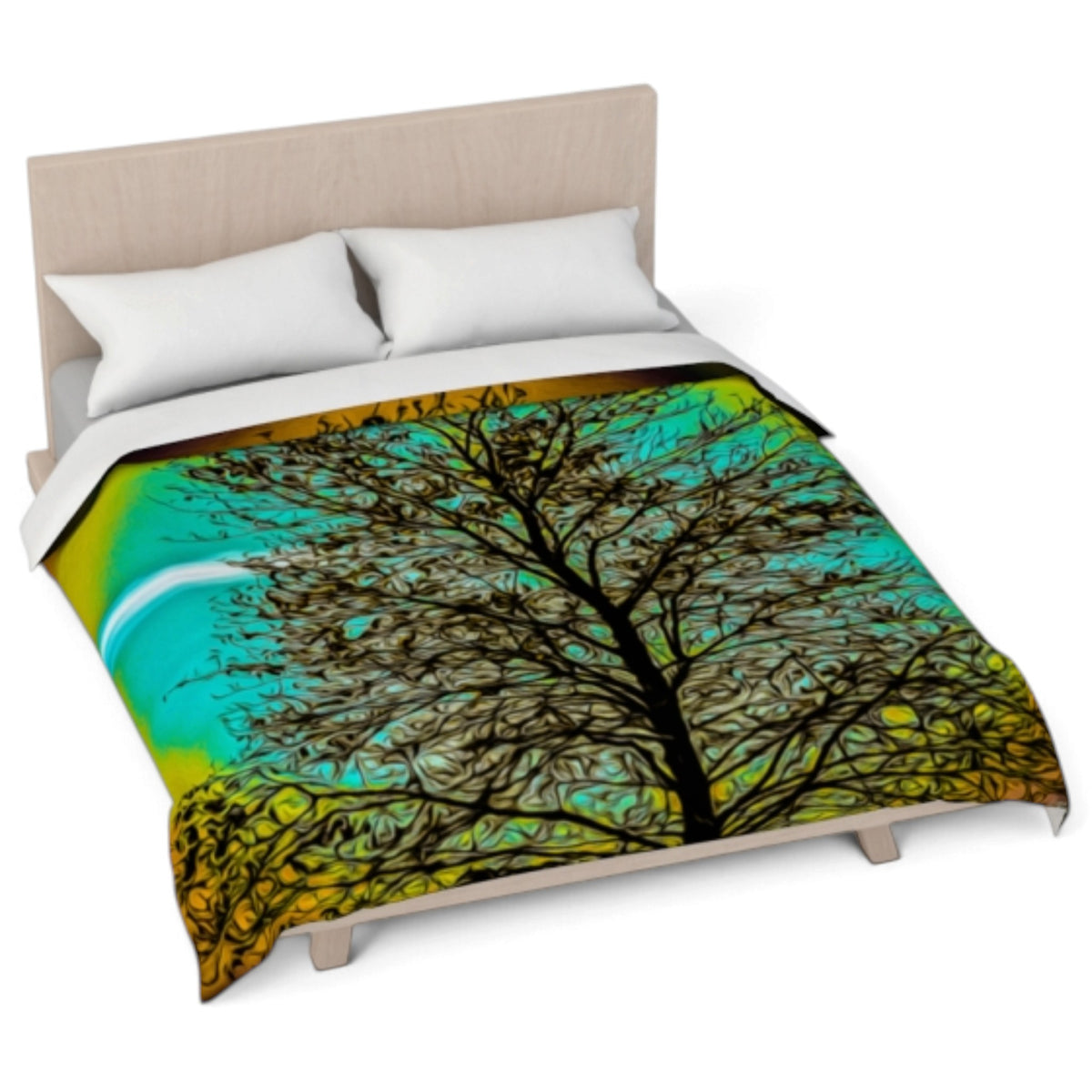A bed dressed with a colorful printed comforter featuring a stylized tree silhouette in black against a bright teal and yellow background, shown with two white pillows on a light wood bed frame against a white studio background.