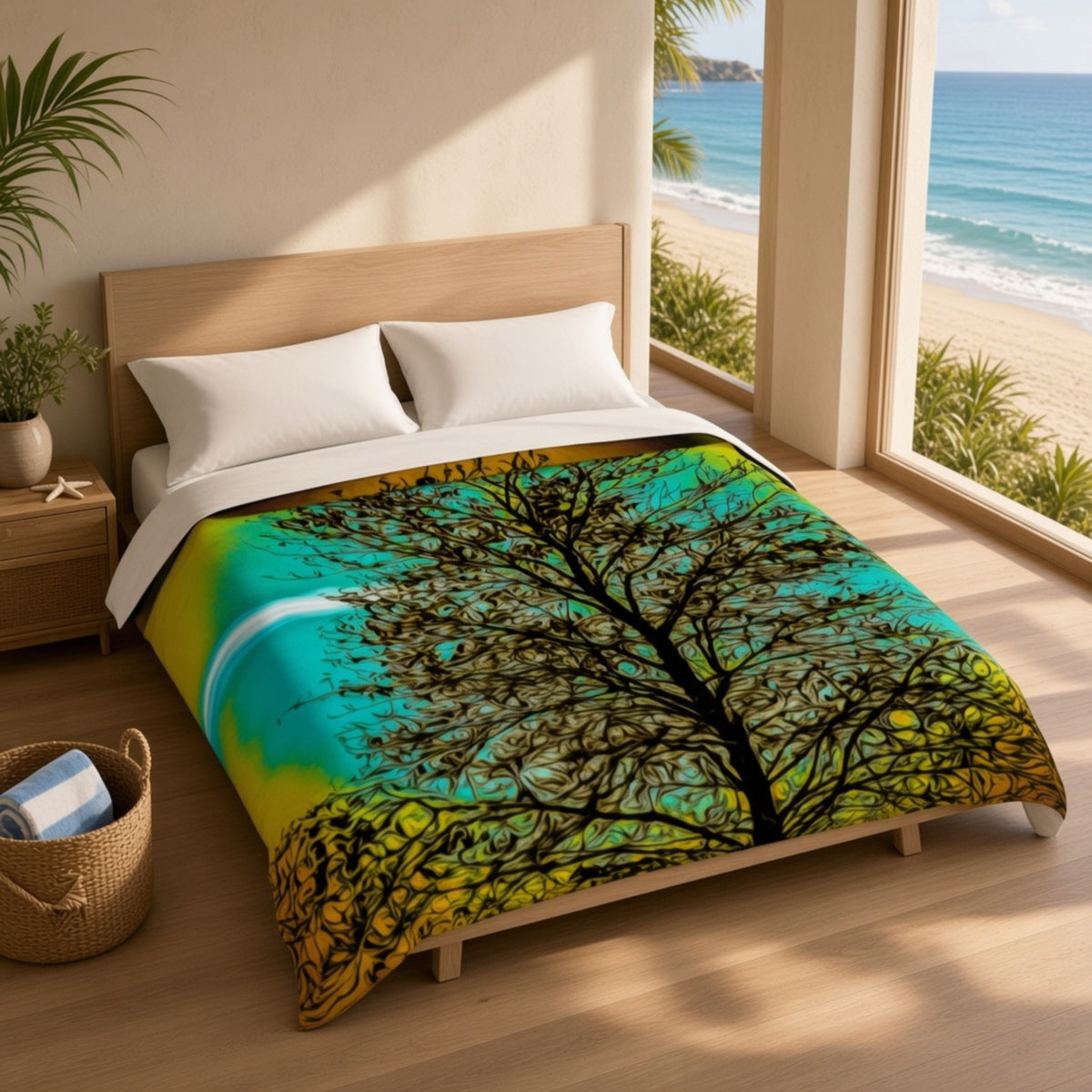 A bed dressed in a colorful printed comforter or duvet set in a bright bedroom, with large windows showing a beach and ocean view. The bedding features a black tree silhouette over a turquoise, teal, and yellow background.