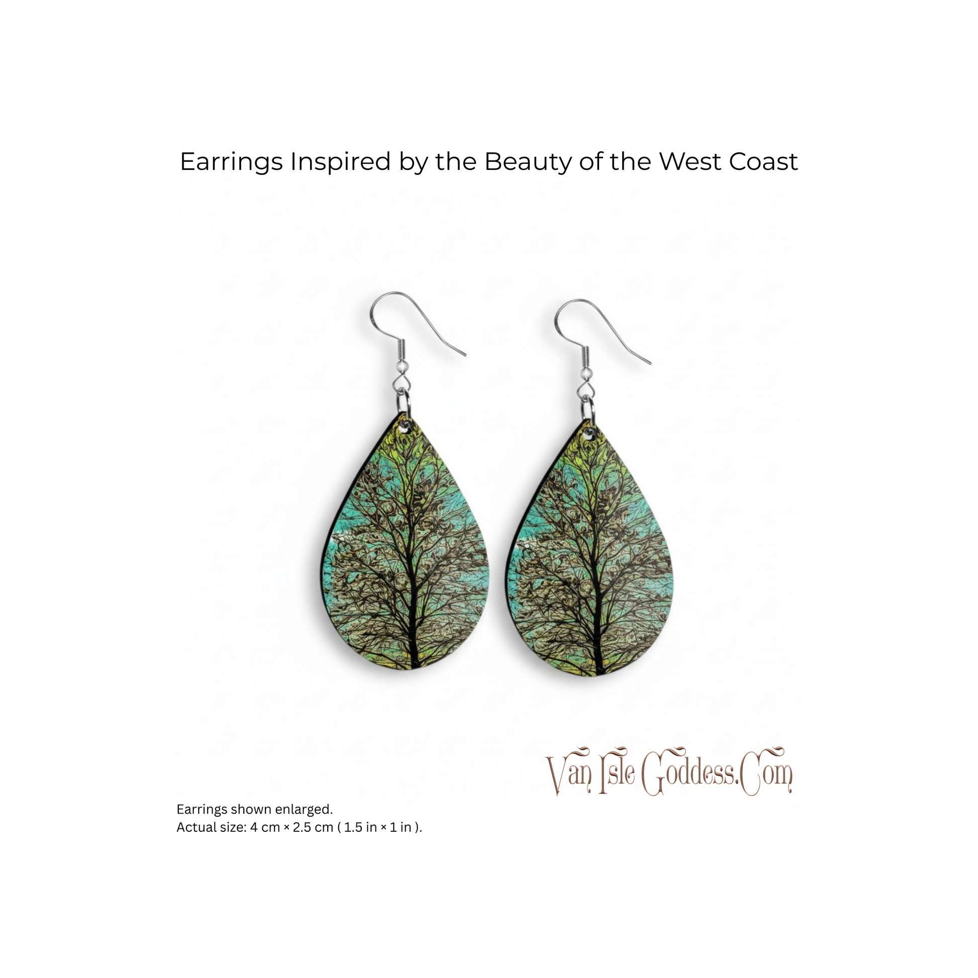 Teardrop-shaped earrings with tree design inspired by the West Coast, displayed on a white background.