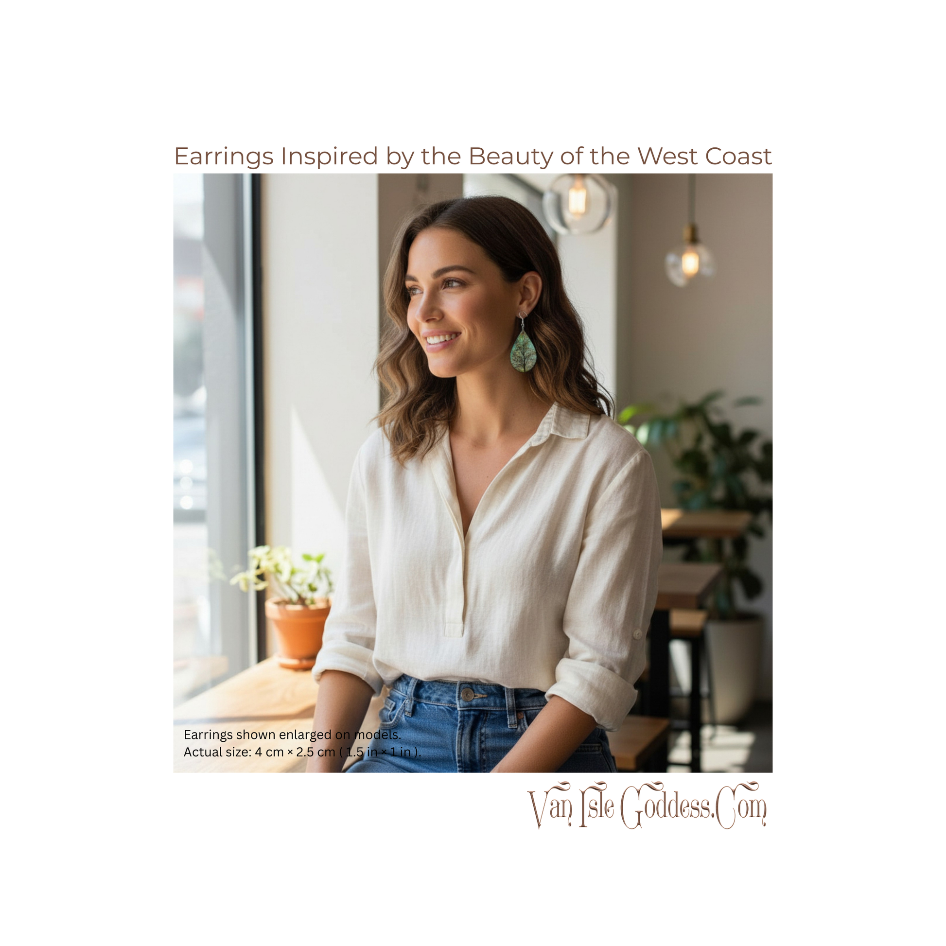 Woman wearing earrings with text about earrings inspired by the beauty of the West Coast.