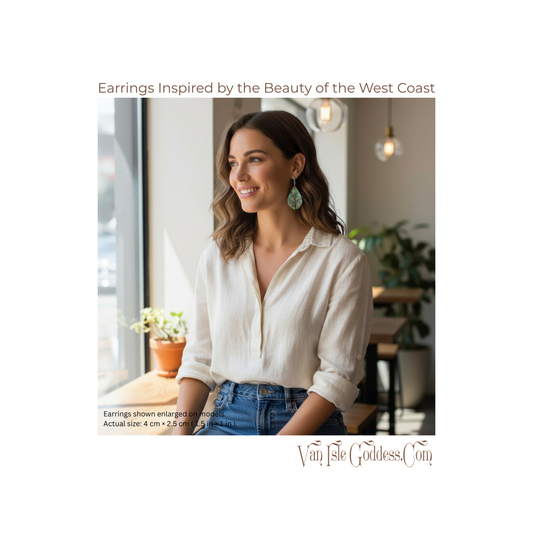 Woman wearing earrings with text about earrings inspired by the beauty of the West Coast.