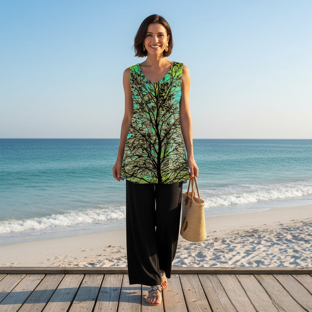 Woman standing on a wooden deck by the ocean, wearing a sleeveless top with a tree design.