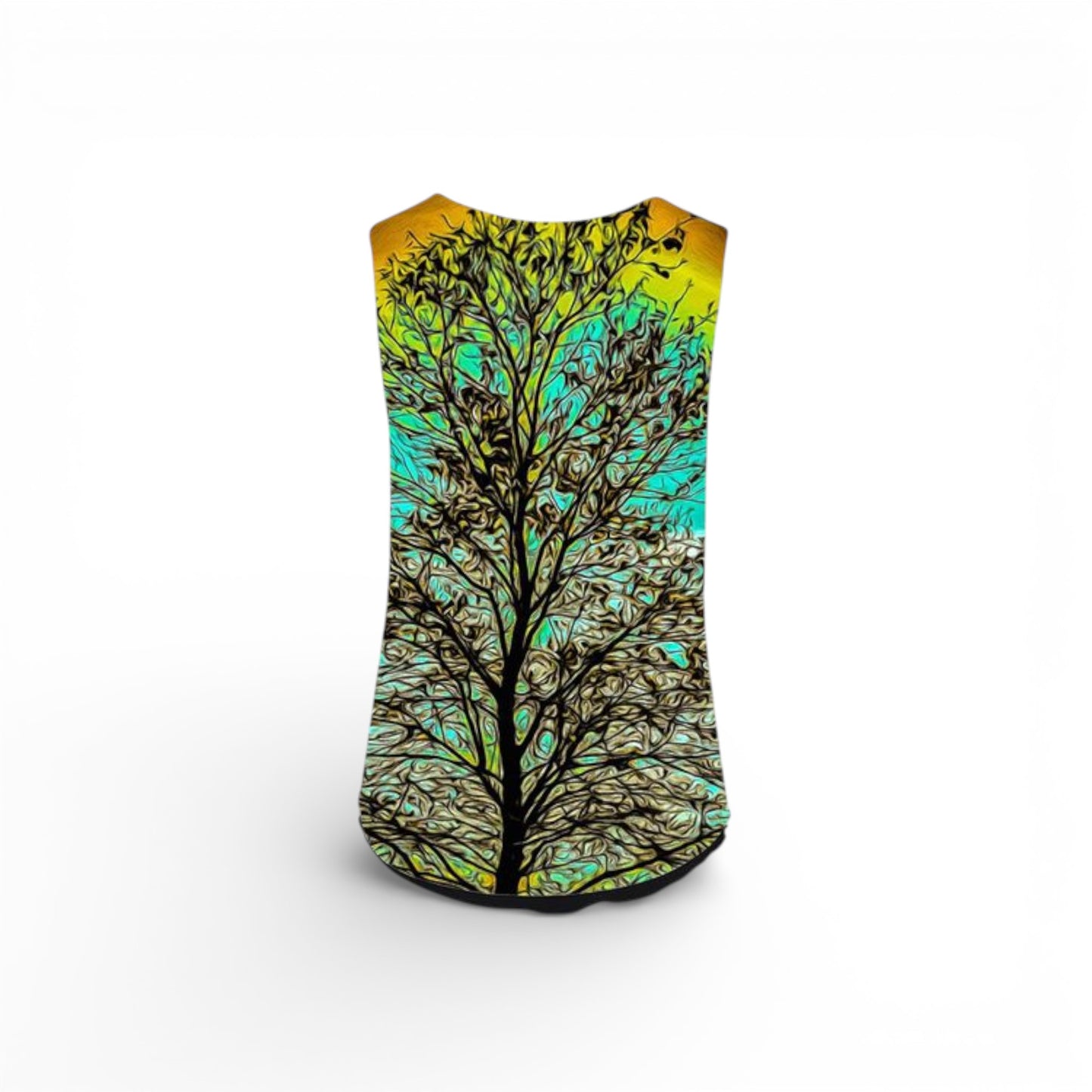 Back side of Sleeveless top with a tree design on a white background