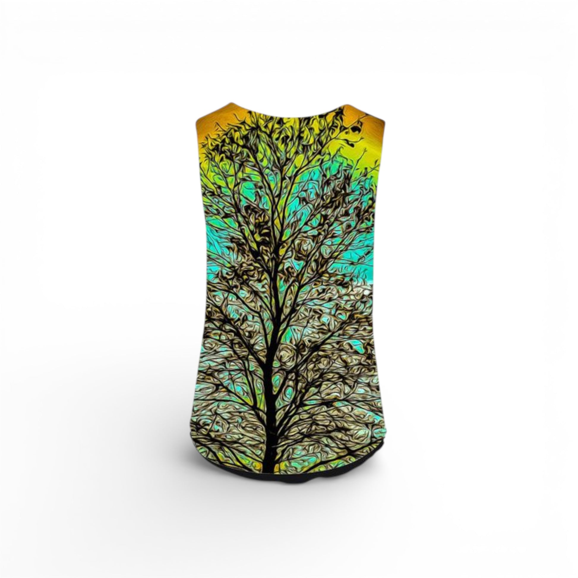 Back side of Sleeveless top with a tree design on a white background