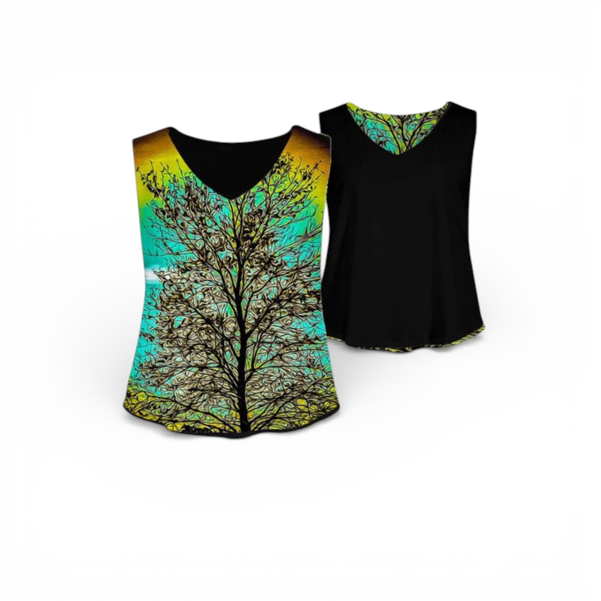 Black tank top with a colorful tree design on a white background