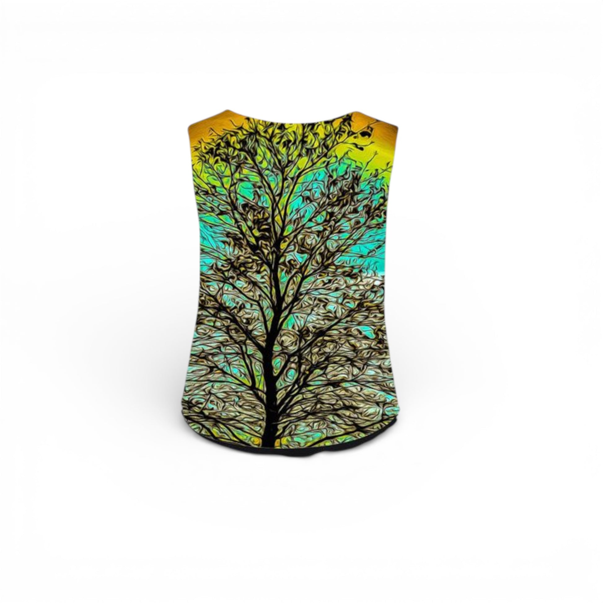Sleeveless top with a colorful tree design on a white background