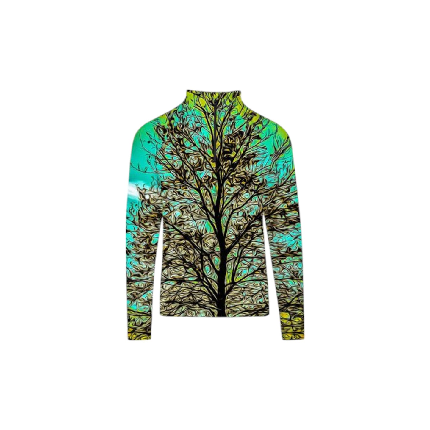 All over print men's activewear long sleeve top image is of a tree with a turquoise background.