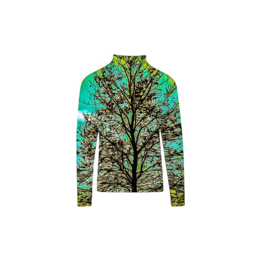 All over print men's activewear long sleeve top image is of a tree with a turquoise background.
