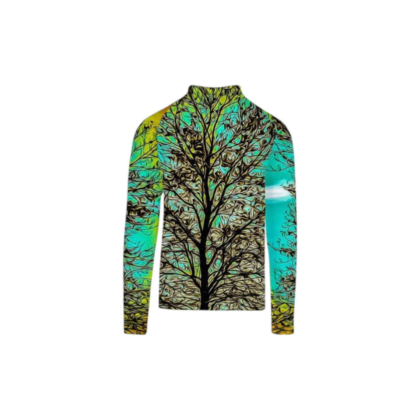 Back side of the All over print men's activewear long sleeve top image is of a tree with a turquoise background.