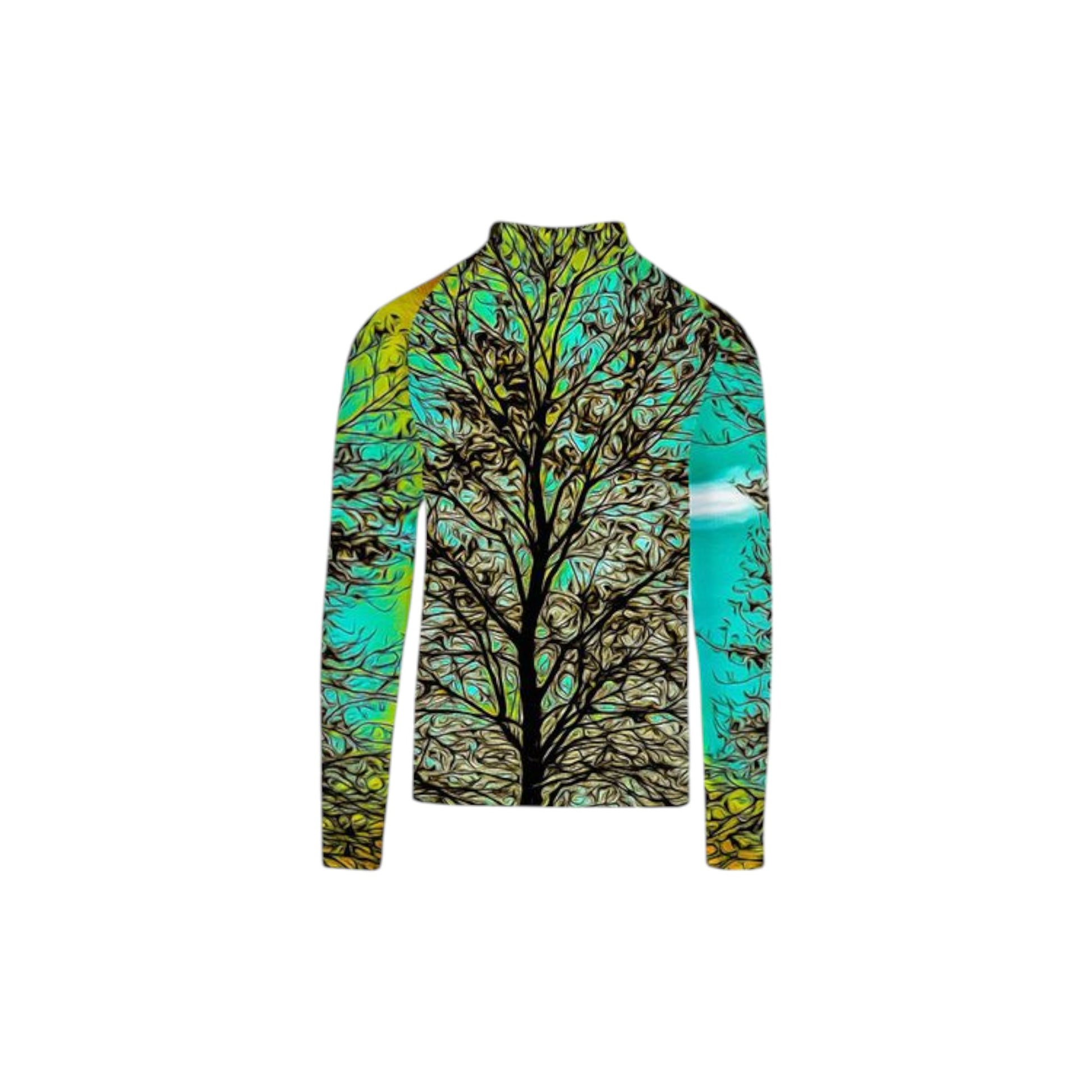Back side of the All over print men's activewear long sleeve top image is of a tree with a turquoise background.
