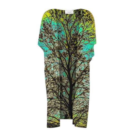All over print short sleeve kimono  wrap featuring a tree with turquoise background.