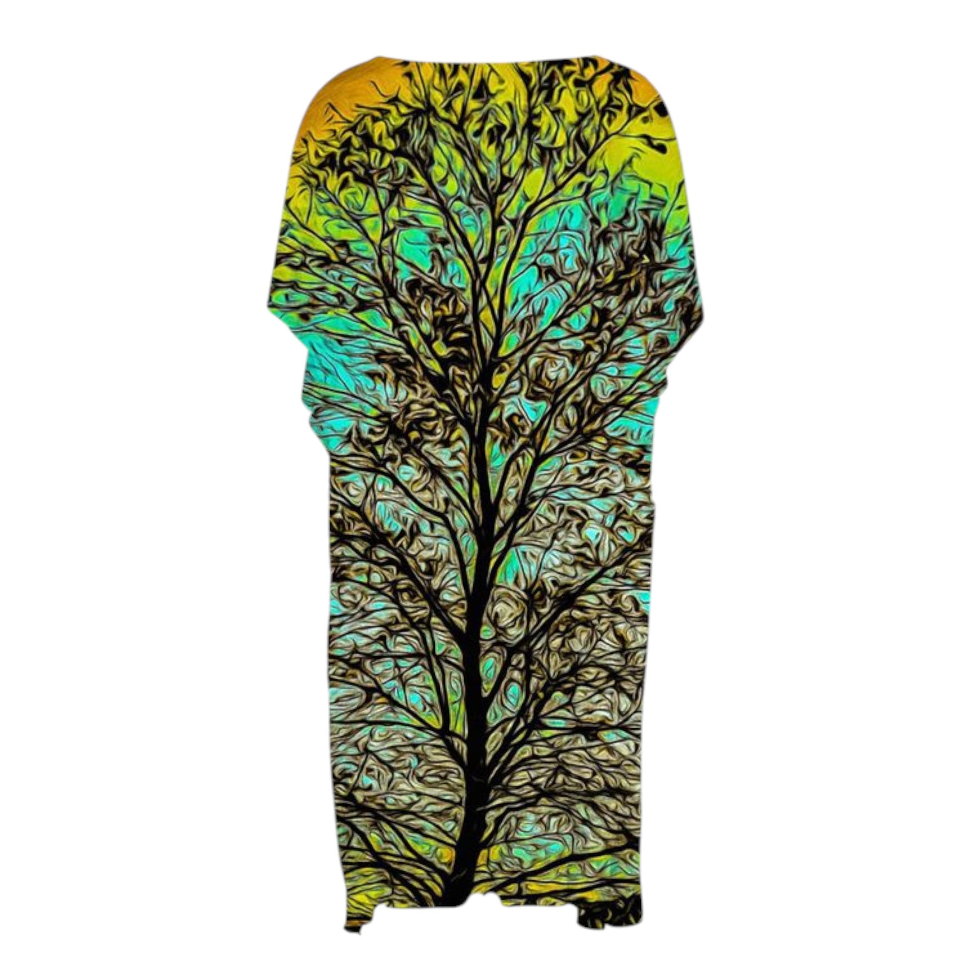 Reverse side All over print short sleeve kimono  wrap featuring a tree with turquoise background.