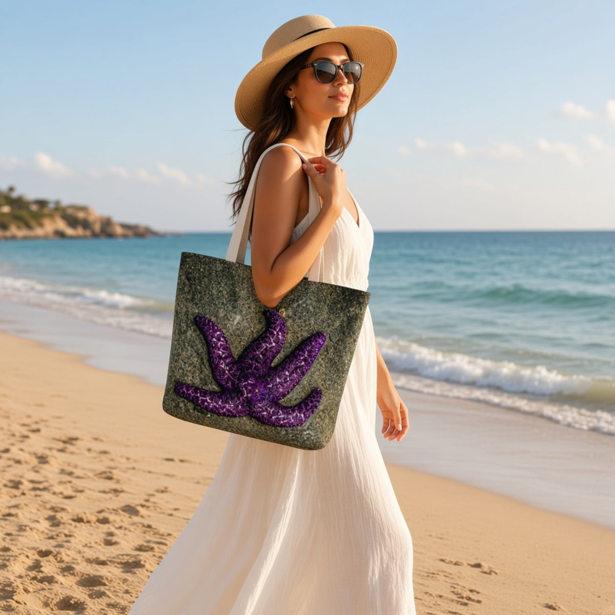 A woman in a white dress and straw hat walks along a sandy beach carrying a dark green glittery tote bag with a large purple glittery starfish design.