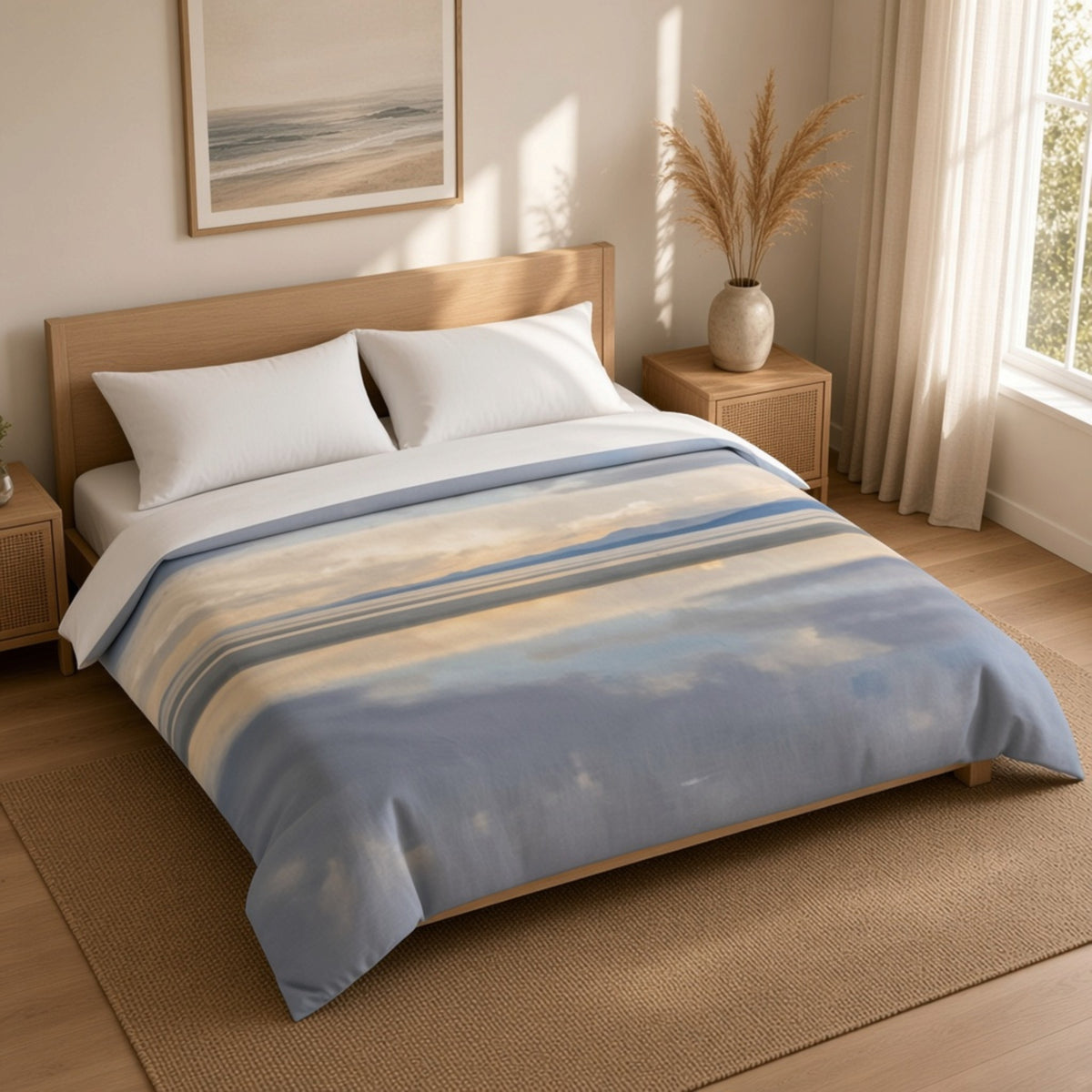 A neatly made bed in a bright bedroom, featuring a duvet cover with a soft abstract landscape print in shades of blue, beige, and cream. The bed is styled with two white pillows and white sheets, set against a light wood headboard and matching bedside tables.