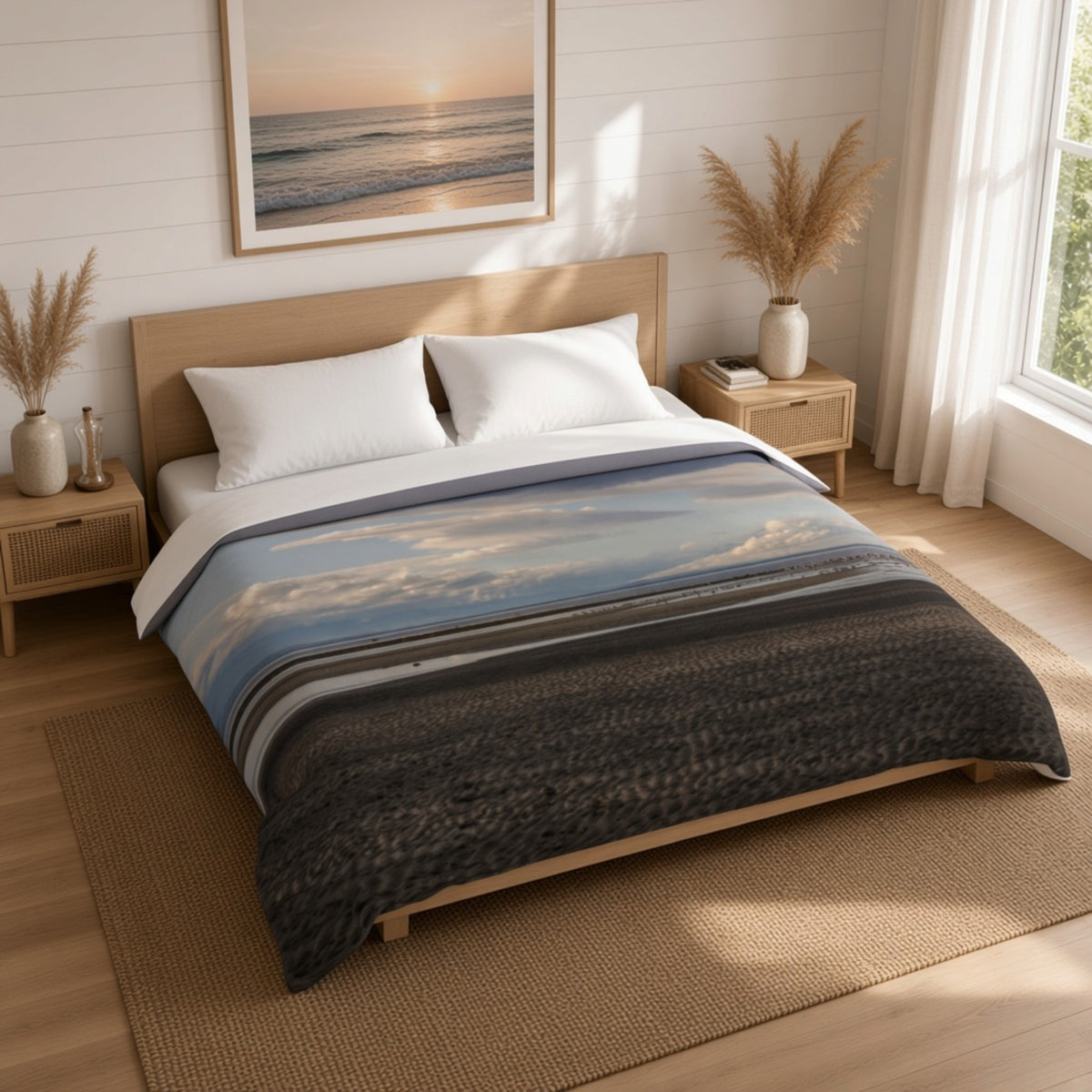 A bed dressed in a scenic duvet cover featuring a blue and gray coastal landscape with clouds and dark textured foreground, styled in a bright, modern bedroom with wooden nightstands, white curtains, and a framed ocean print on the wall.