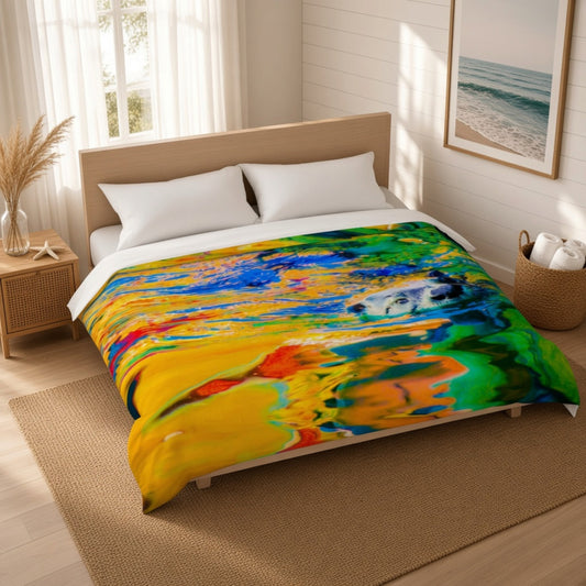A bed dressed in a colorful abstract-print duvet cover, shown in a bright, modern bedroom with a wooden headboard, white pillows, a bedside table, and a window.