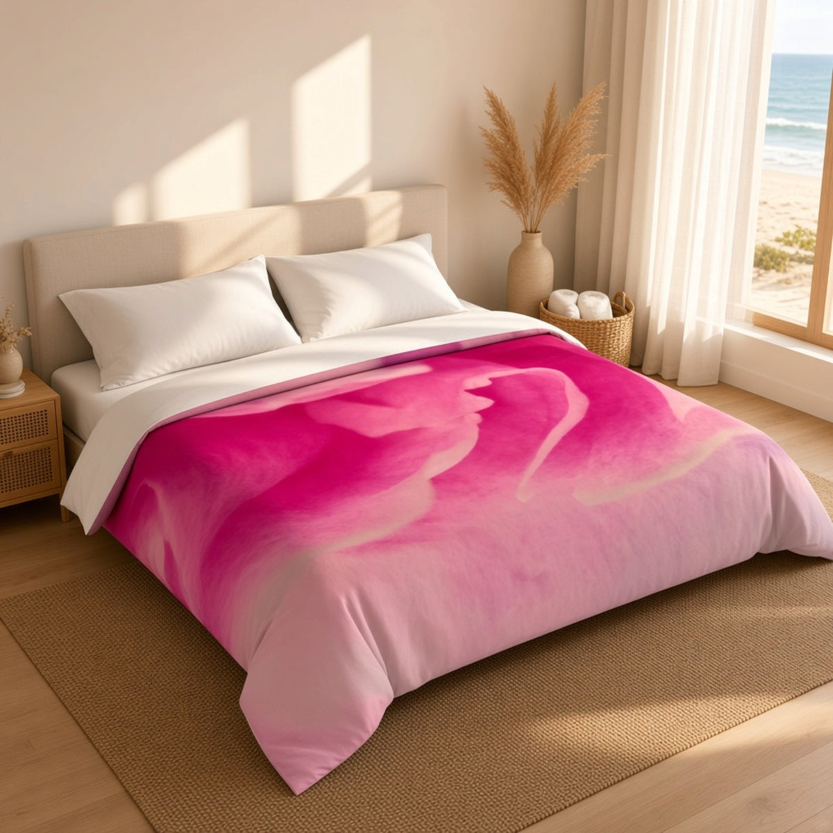 A bed dressed in a pink watercolor-style duvet cover and white pillows, styled in a bright beach-view bedroom with a window, curtains, and natural light.
