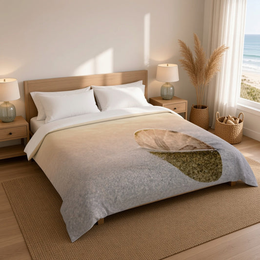 A bed dressed in a light gray and beige duvet cover with a large shell-like print, styled in a bright, modern bedroom with wood nightstands, lamps, a pampas grass arrangement, and a window overlooking the ocean.