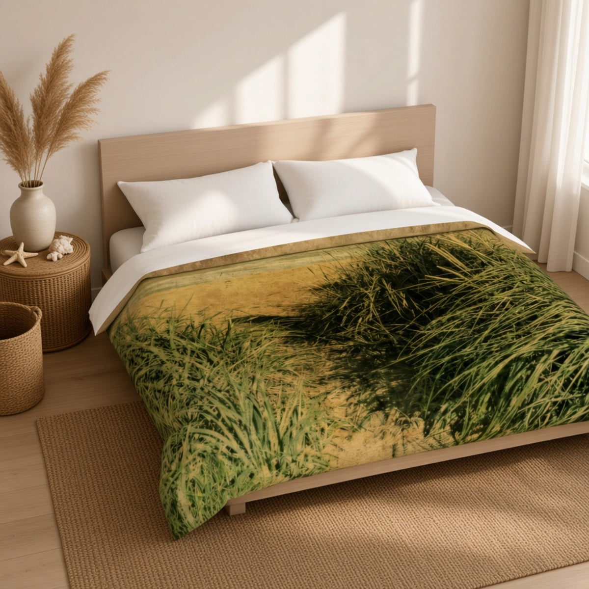 A bed dressed in a duvet cover featuring a printed grassy field design in green and yellow tones, styled in a warm, modern bedroom with a wooden headboard, white pillows, a side table with pampas grass, and a woven rug.
