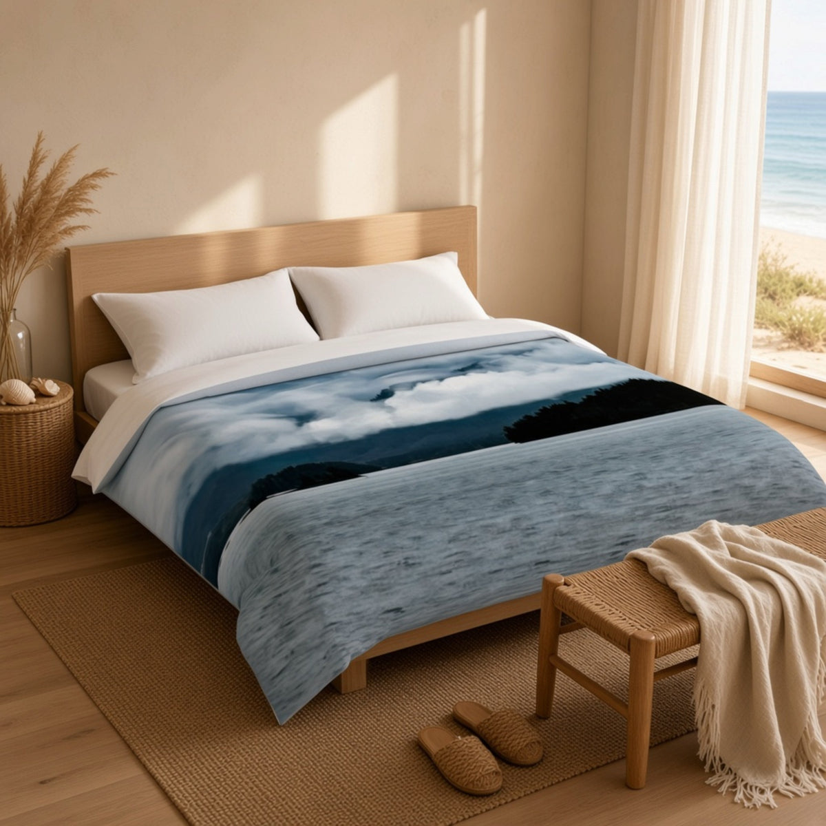 A bed dressed in a blue and white landscape-print comforter or duvet, styled in a warm beige bedroom with a wooden headboard, woven rug, bench, slippers, and a window overlooking the ocean.