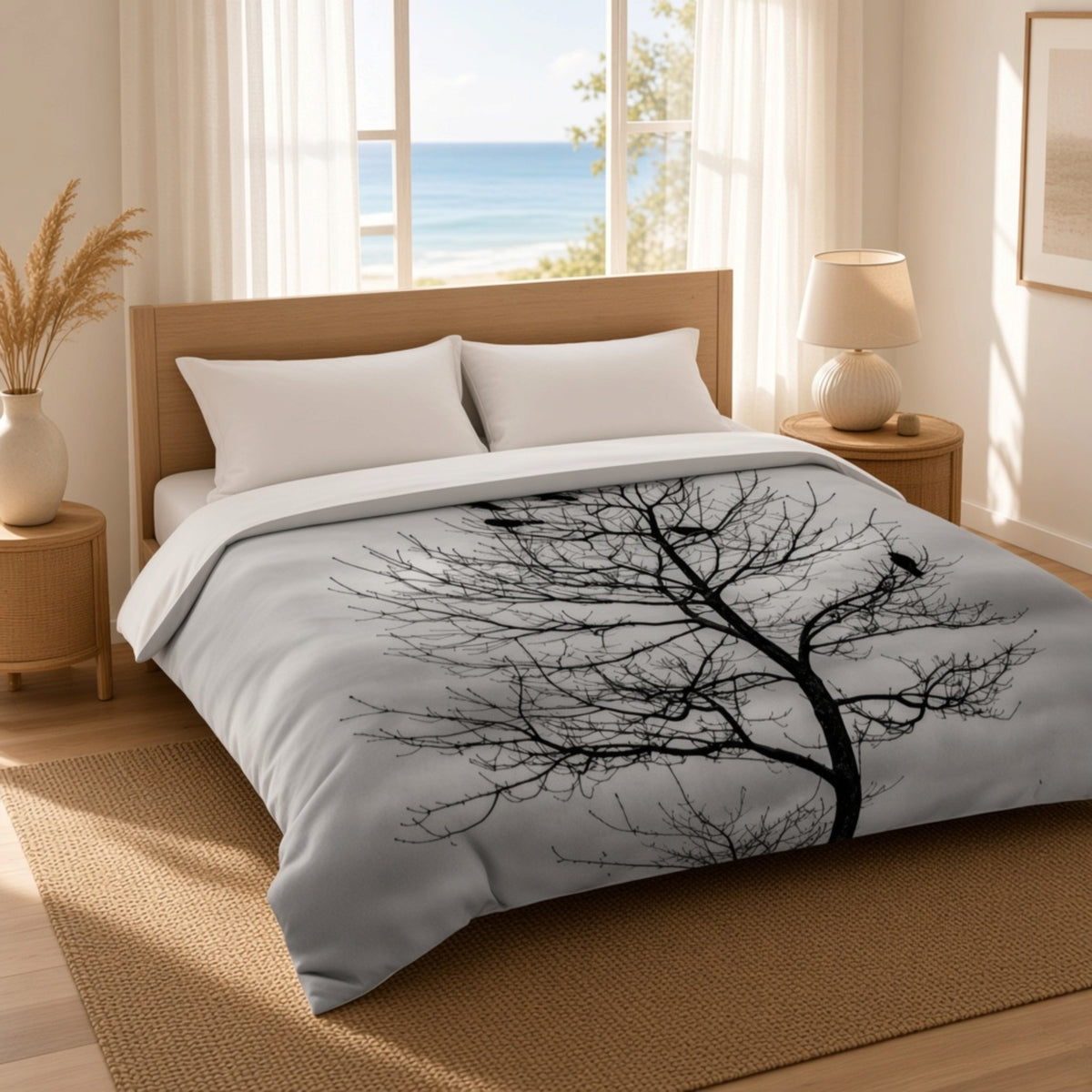 A bed dressed in a light gray duvet cover featuring a large black tree silhouette print, styled in a bright bedroom with a wooden headboard, bedside tables, lamps, and a window overlooking the ocean.