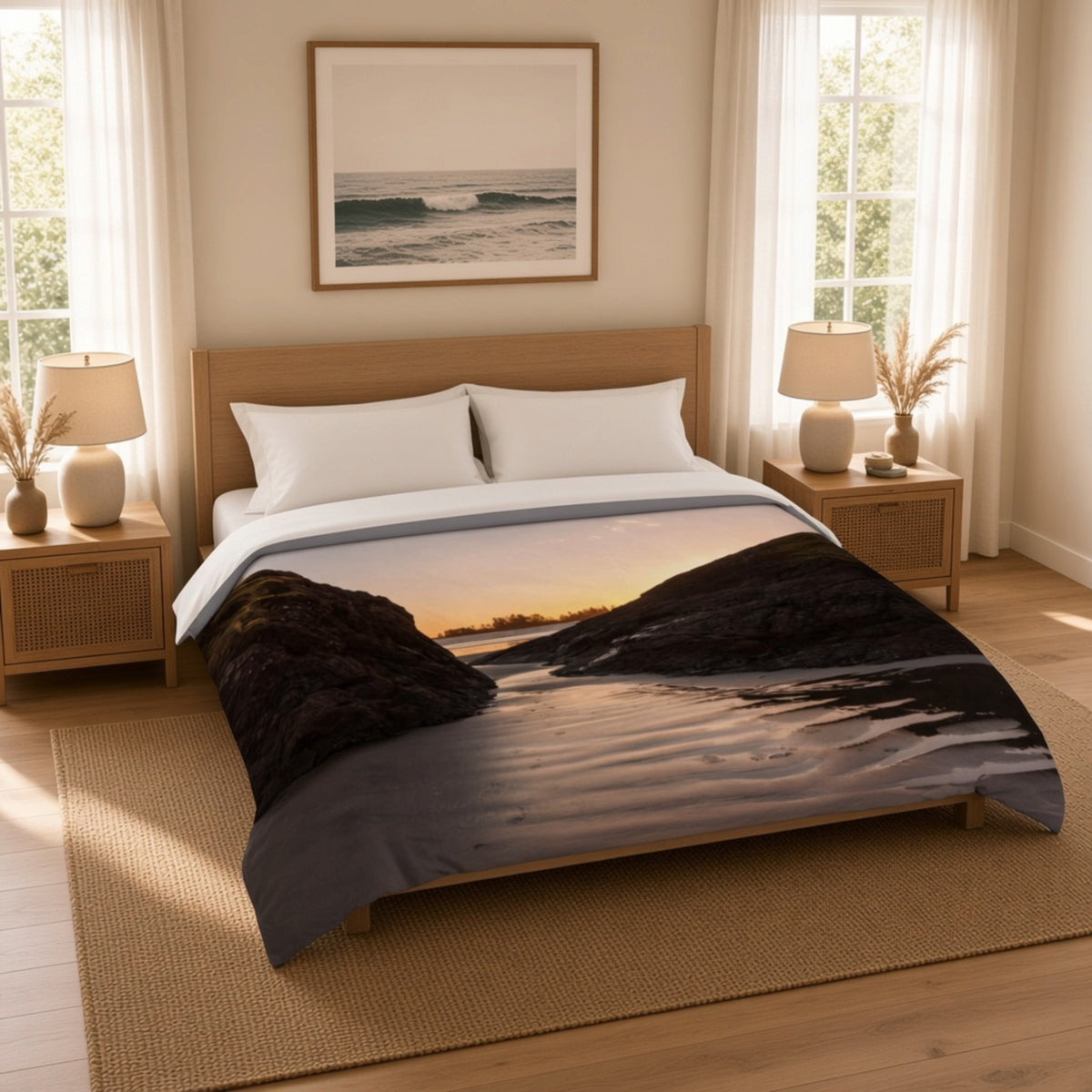 A bed dressed in a scenic duvet cover featuring a sunset beach or lakeside landscape with dark rocks and rippling water, styled in a warm, modern bedroom with wooden furniture, bedside lamps, and a framed ocean print on the wall.