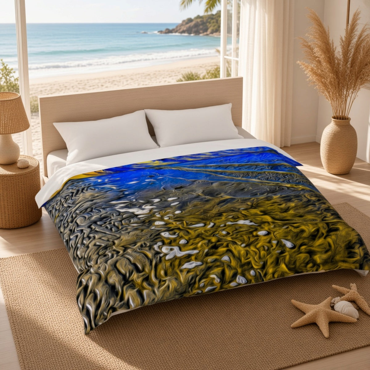 A bed dressed in a duvet cover featuring an abstract coastal scene with blue sky, ocean, and rocky shoreline, styled in a bright beach-themed bedroom with a window view of the ocean.