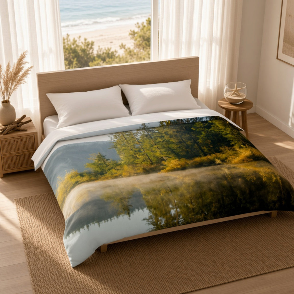 A bed dressed in a duvet cover featuring a scenic forest lake print, styled in a bright, modern bedroom with a wooden headboard, white pillows, and a window overlooking a beach.