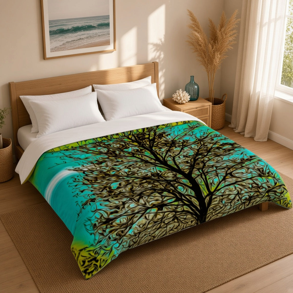 A bed dressed in a colorful printed comforter or duvet set in a bright bedroom, with large windows showing a beach and ocean view. The bedding features a black tree silhouette over a turquoise, teal, and yellow background.
