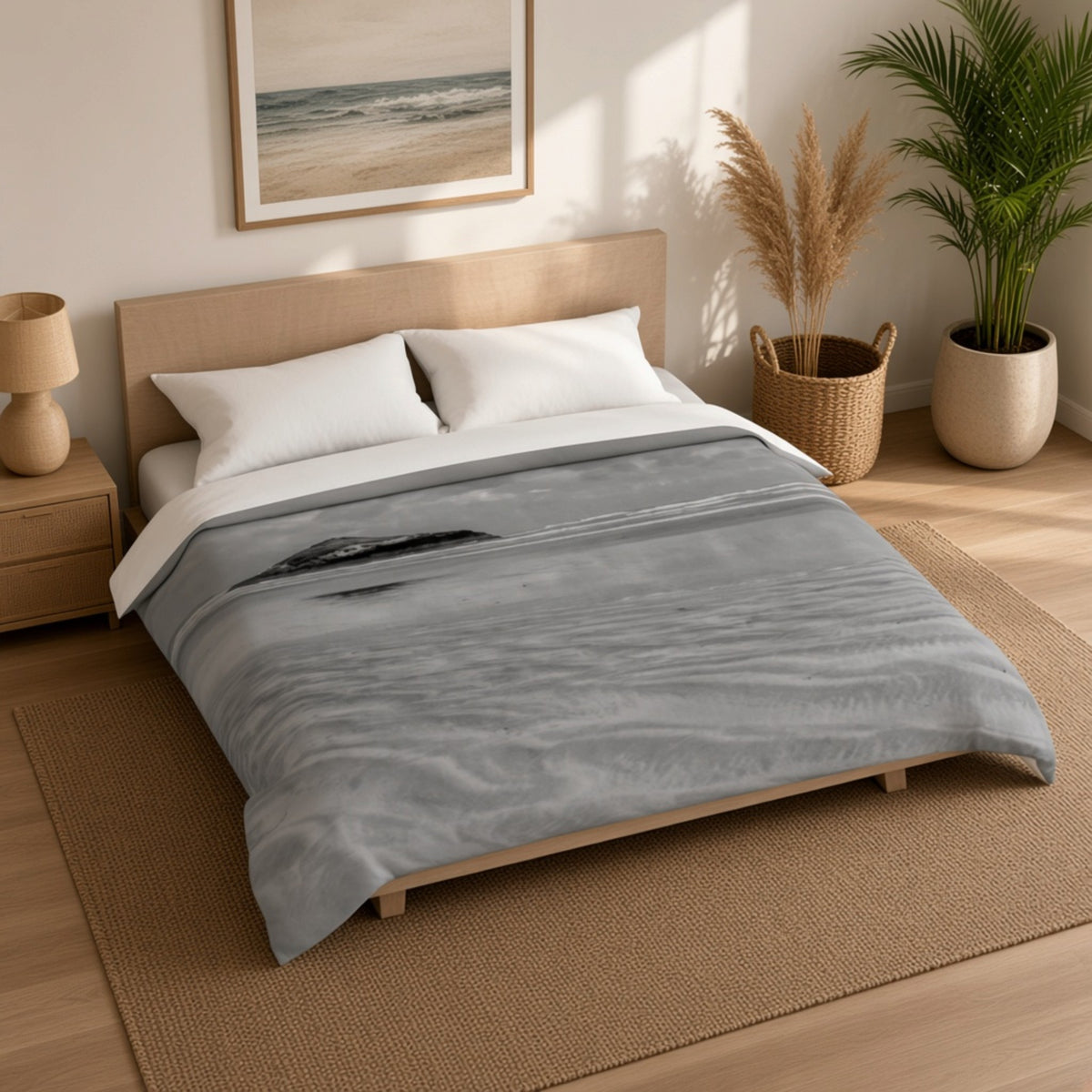 A bed dressed in a gray duvet cover with a dark abstract wave-like print, styled in a bright bedroom with a light wood bed frame, white pillows, a bedside lamp, pampas grass, and a potted plant.