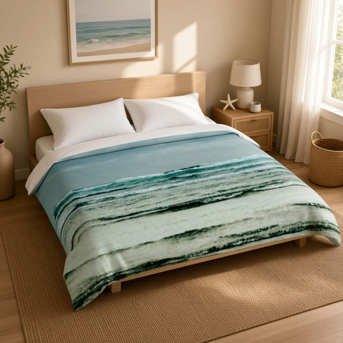A bed dressed in a soft beach-inspired throw blanket featuring horizontal teal, aqua, and pale mint brushstroke waves, styled in a warm beige bedroom with a wooden headboard, white pillows, a bedside lamp, and a window with sheer curtains.
