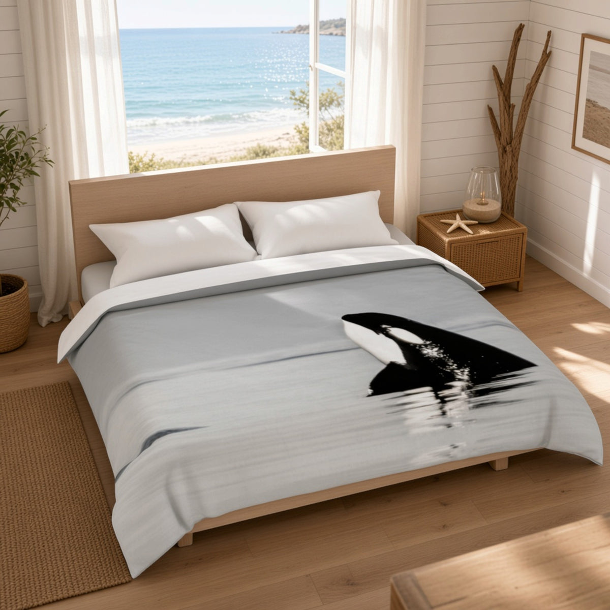 A bed dressed in a light gray and white comforter set with a large black-and-white orca print, styled in a bright beach-themed bedroom with wood floors, a window overlooking the ocean, and a nightstand.