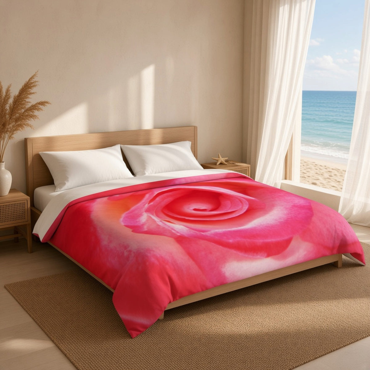 A bed dressed in a bright pink rose print duvet cover and white pillows, styled in a sunlit bedroom with a beach view through a large window.