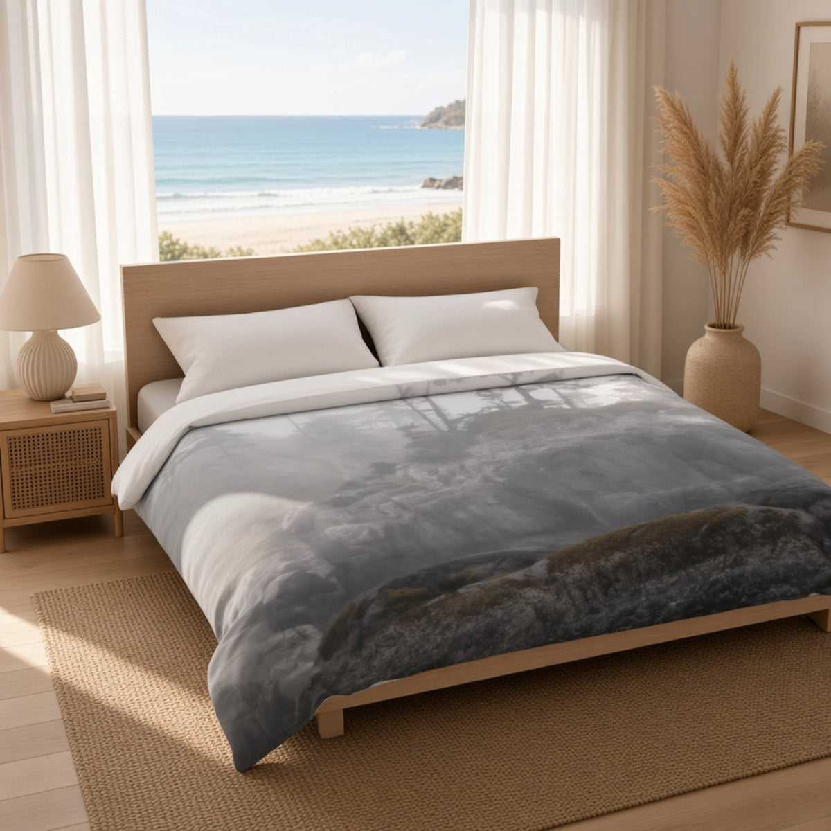 A bed dressed in a gray and blue watercolor-style duvet cover with a dark textured pattern near the foot, styled in a bright bedroom with a beach view through the window.