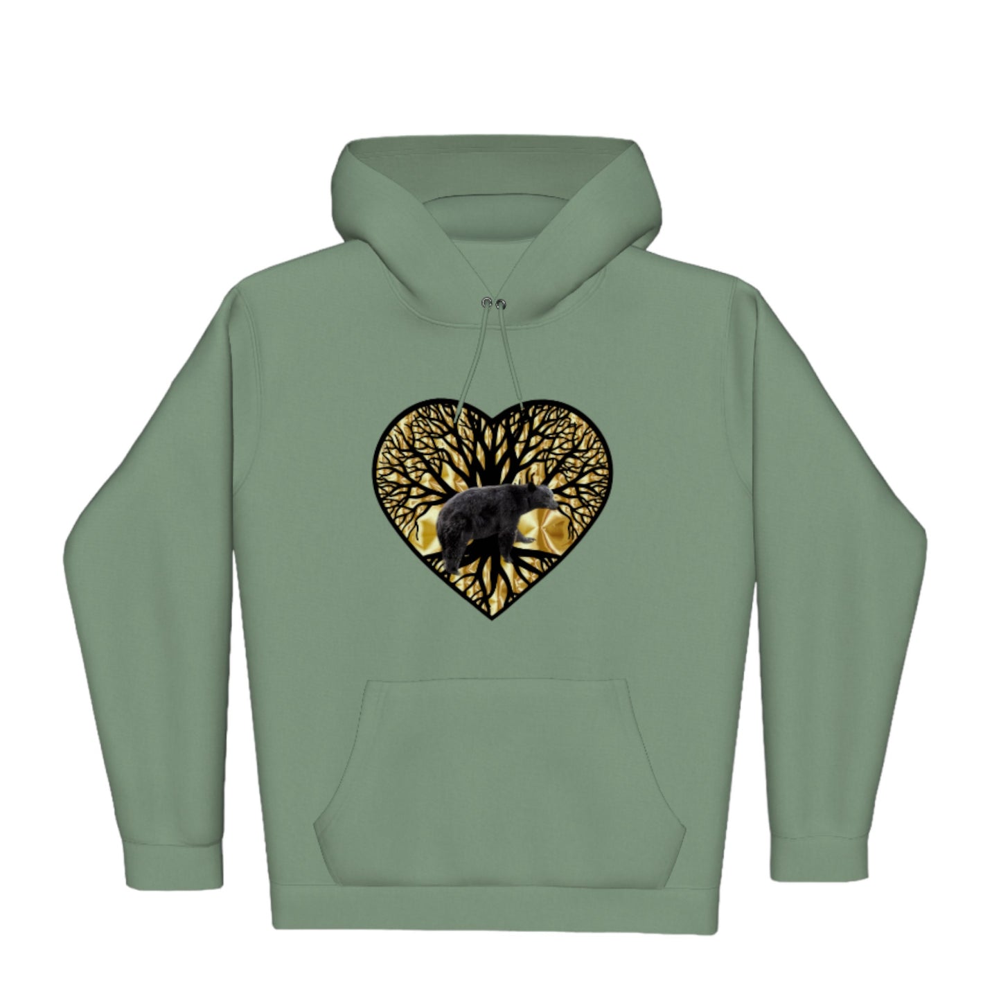 Bear Heart Premium Pullover Hoodie. the image is of a heart with a tree of life and a bear with a gold background.