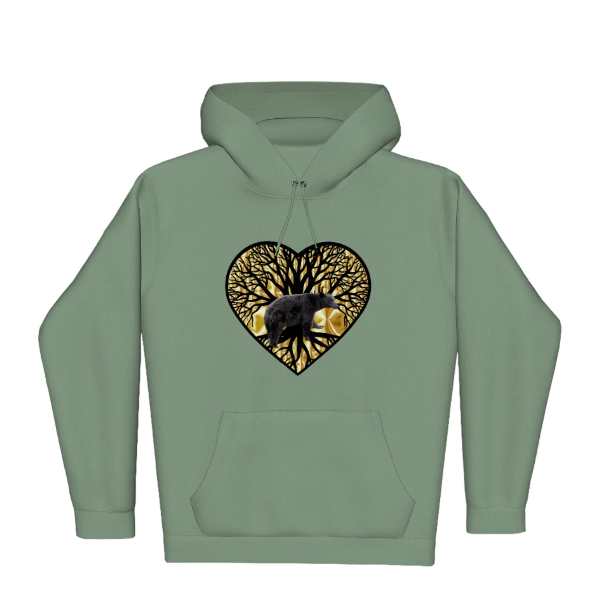 Bear Heart Premium Pullover Hoodie. the image is of a heart with a tree of life and a bear with a gold background.