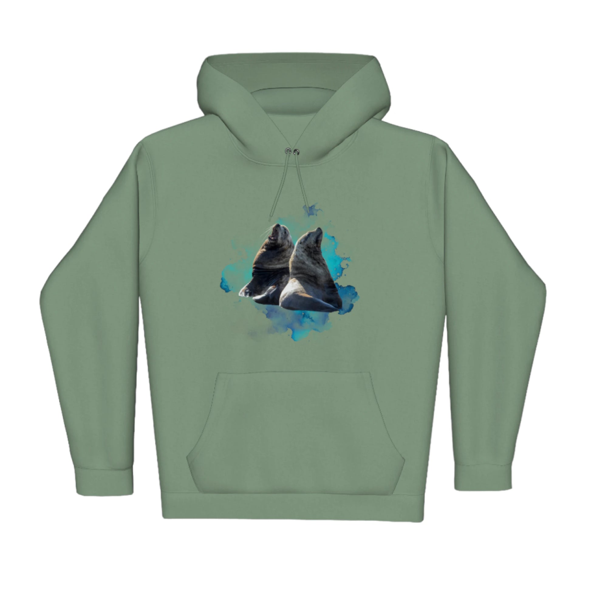 Sea Lions Premium Pullover Hoodie. The image is of two sea lions with a blue abstract background.