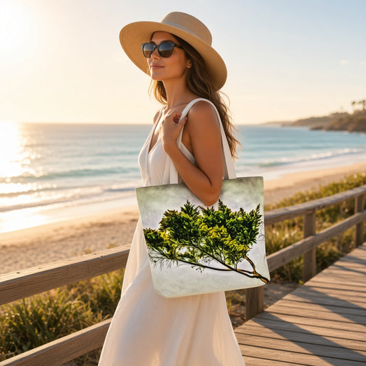 A woman in a white dress and wide-brim hat stands on a wooden boardwalk by the beach, carrying a tote bag printed with a green tree branch design against a warm sunset backdrop.