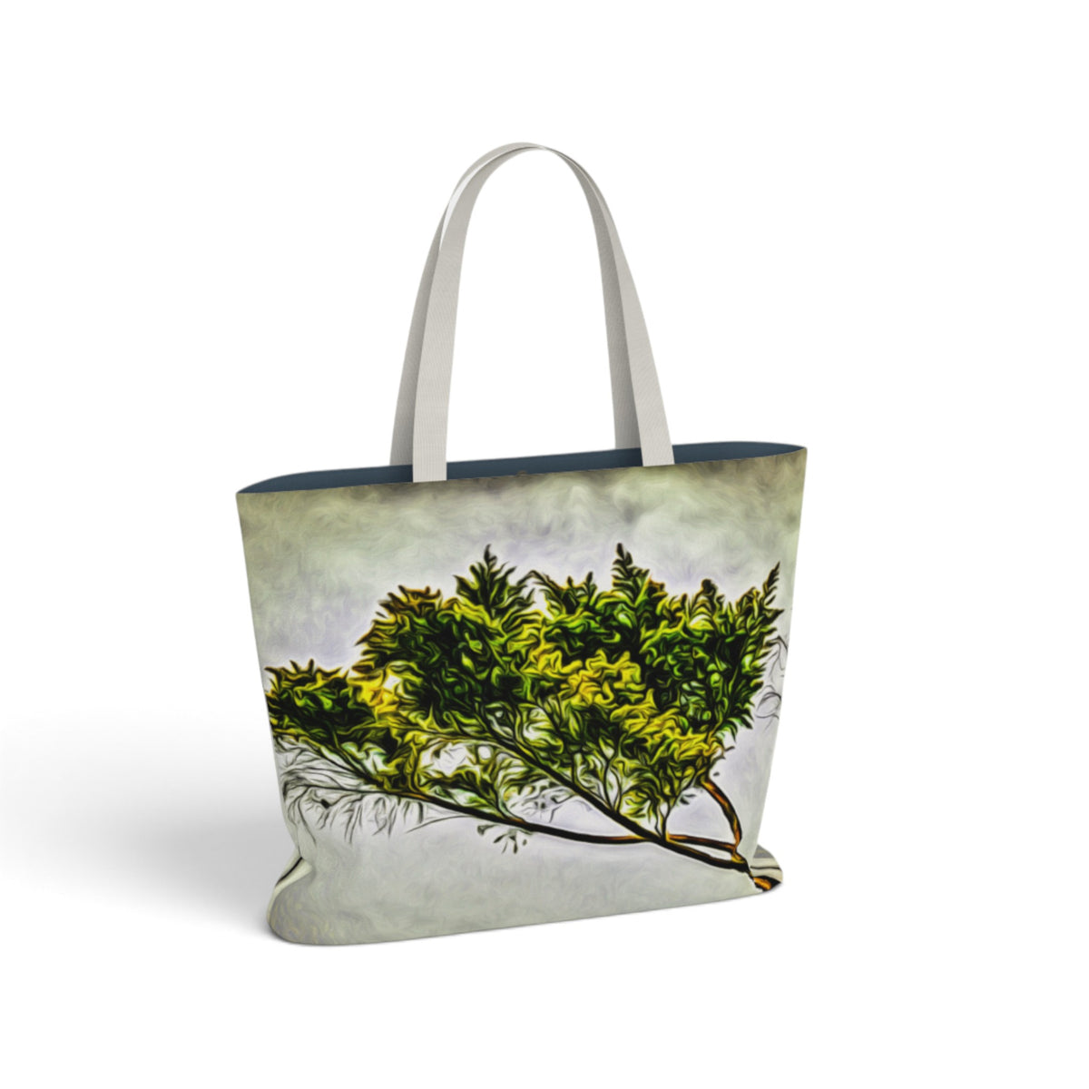 A tote bag with white shoulder straps, featuring a printed design of green and yellow flowering branches against a textured light gray background.