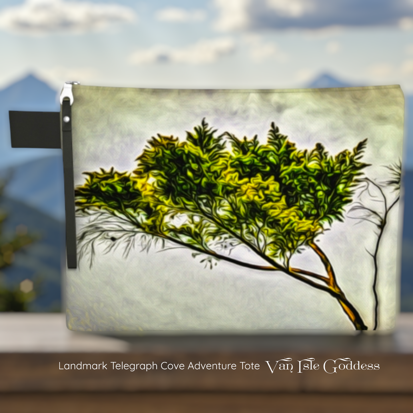 Pouch with a tree design on a blurred background