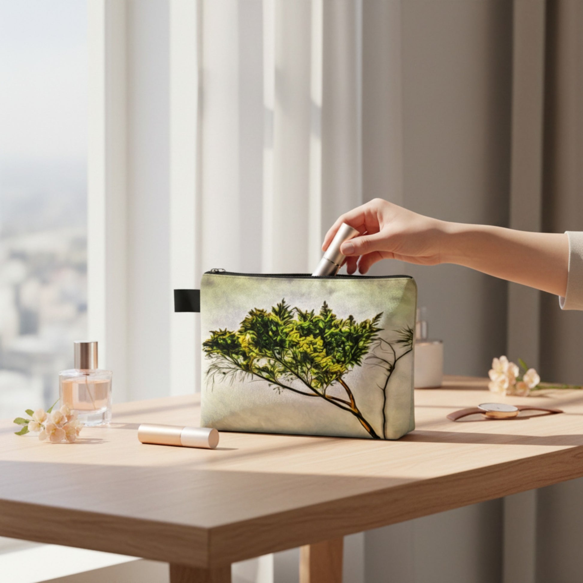 Hand holding a pouch with a tree design on a table with a scenic background