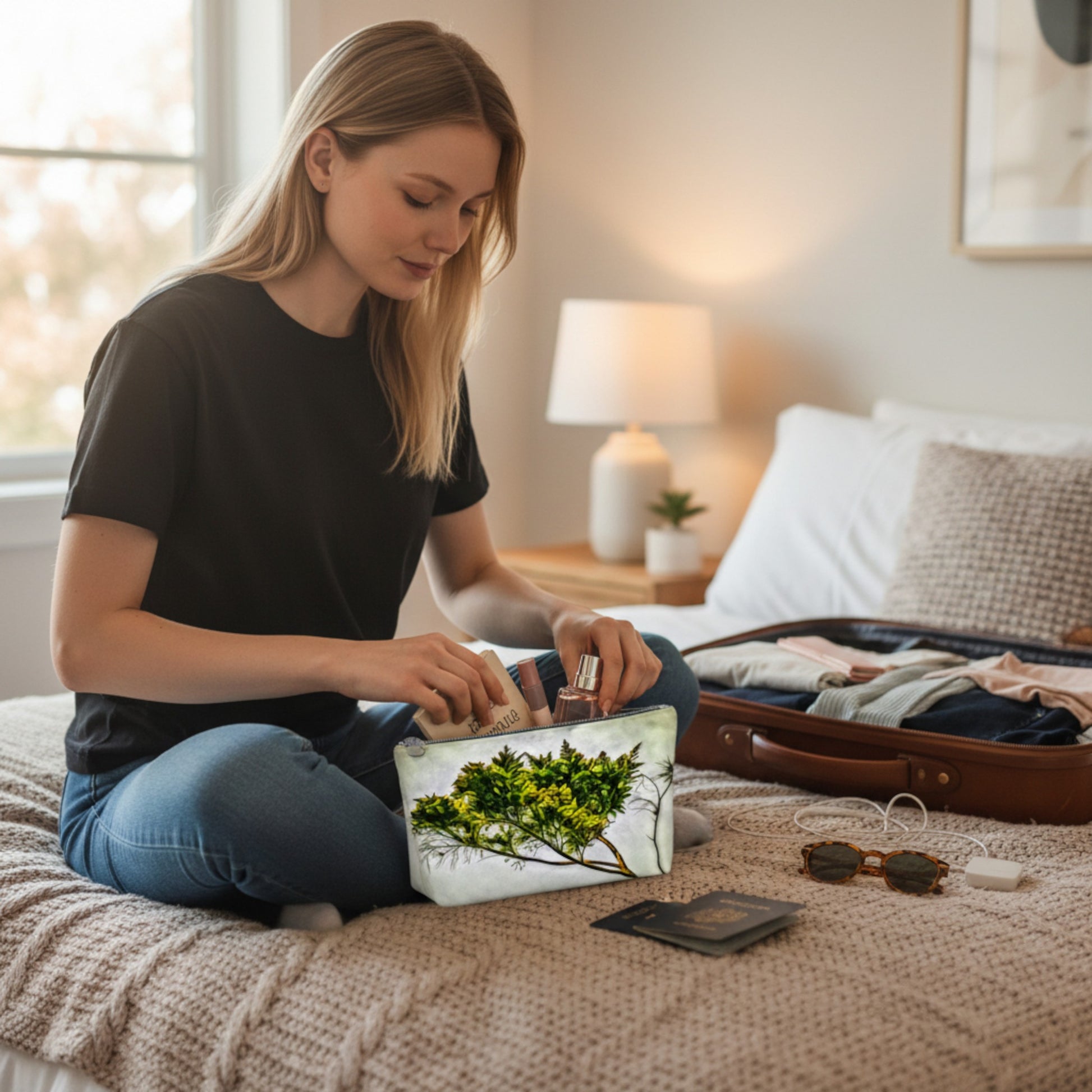 Woman packing a suitcase with a scenic pouch on a bed